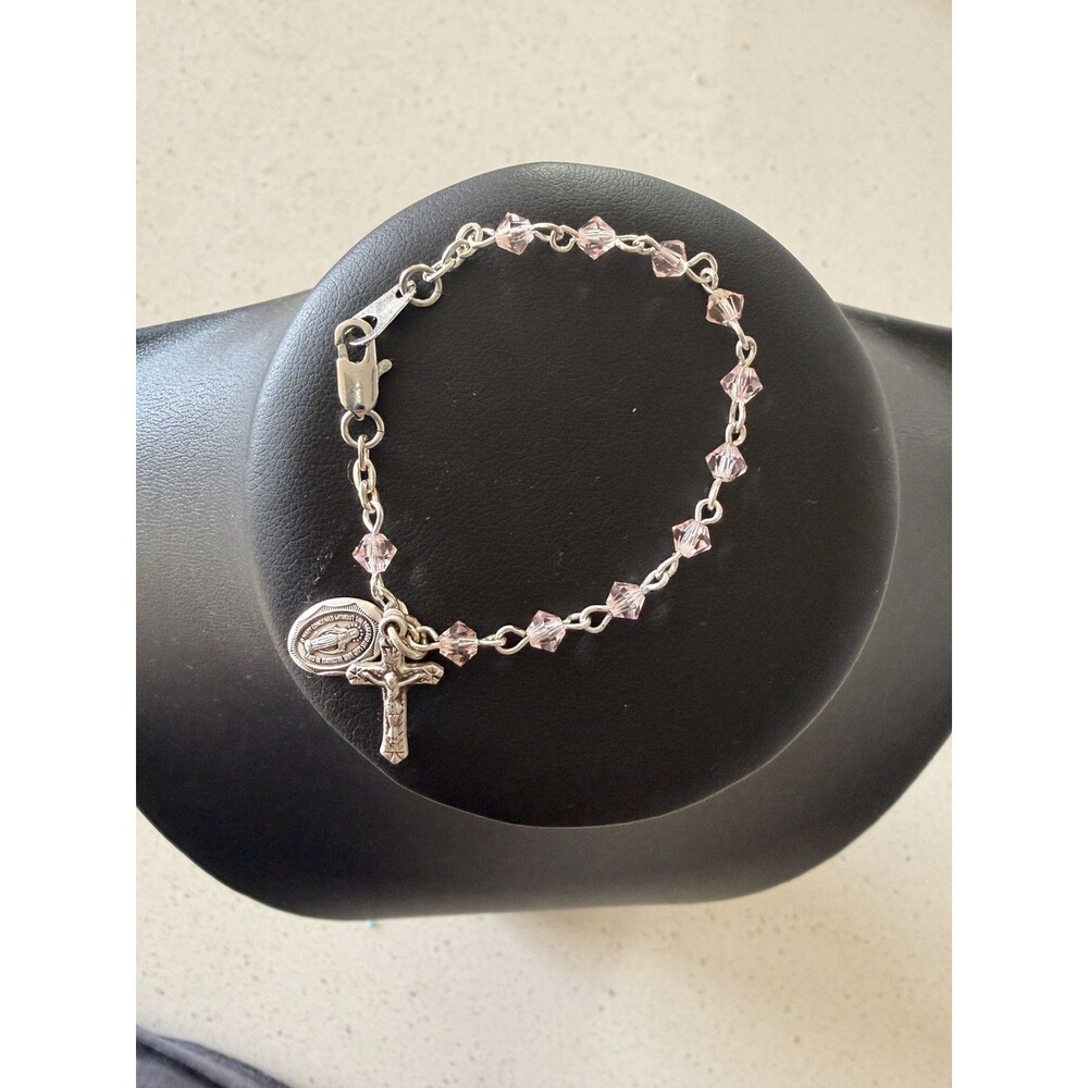 Vtg 925 Silver Miraculous Medal Rosary Bracelet pink crystal baptism kids baby